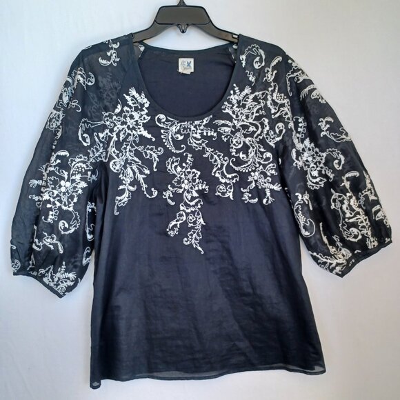 Anthropologie Top Edme & Esyllte Black Embroidered Puff Sleeve Blouse Womens 12 - Picture 2 of 8
